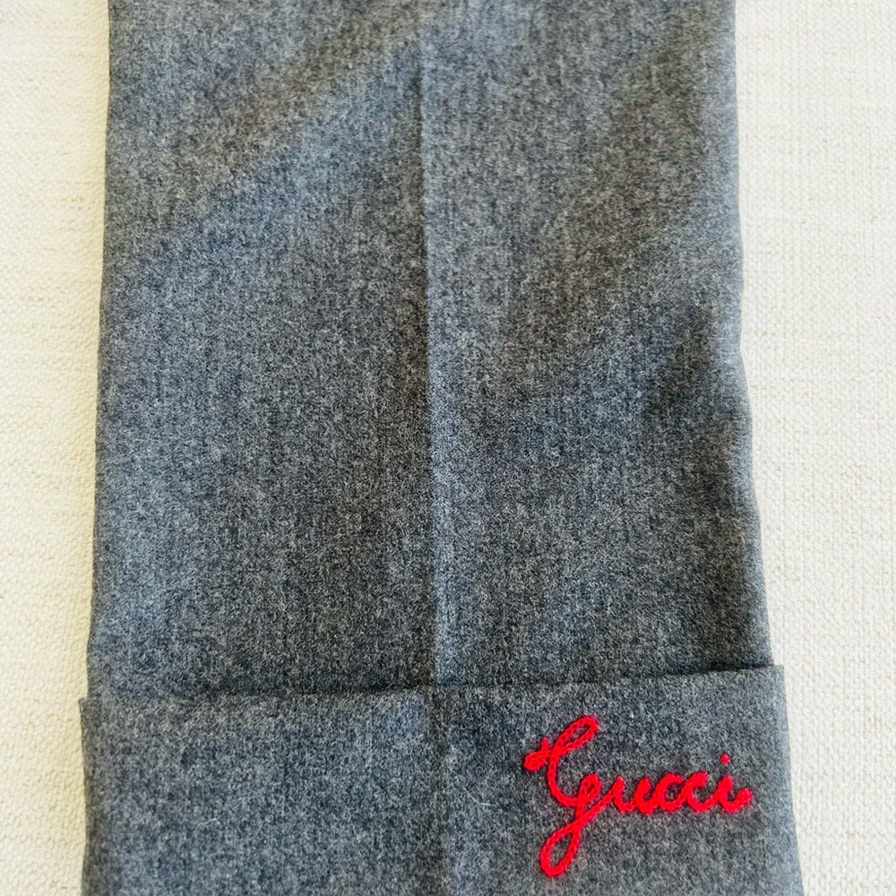 Gucci Kids Gray Wool Blend Cuffed Trousers with Embroidered Gucci Detail (5Y)